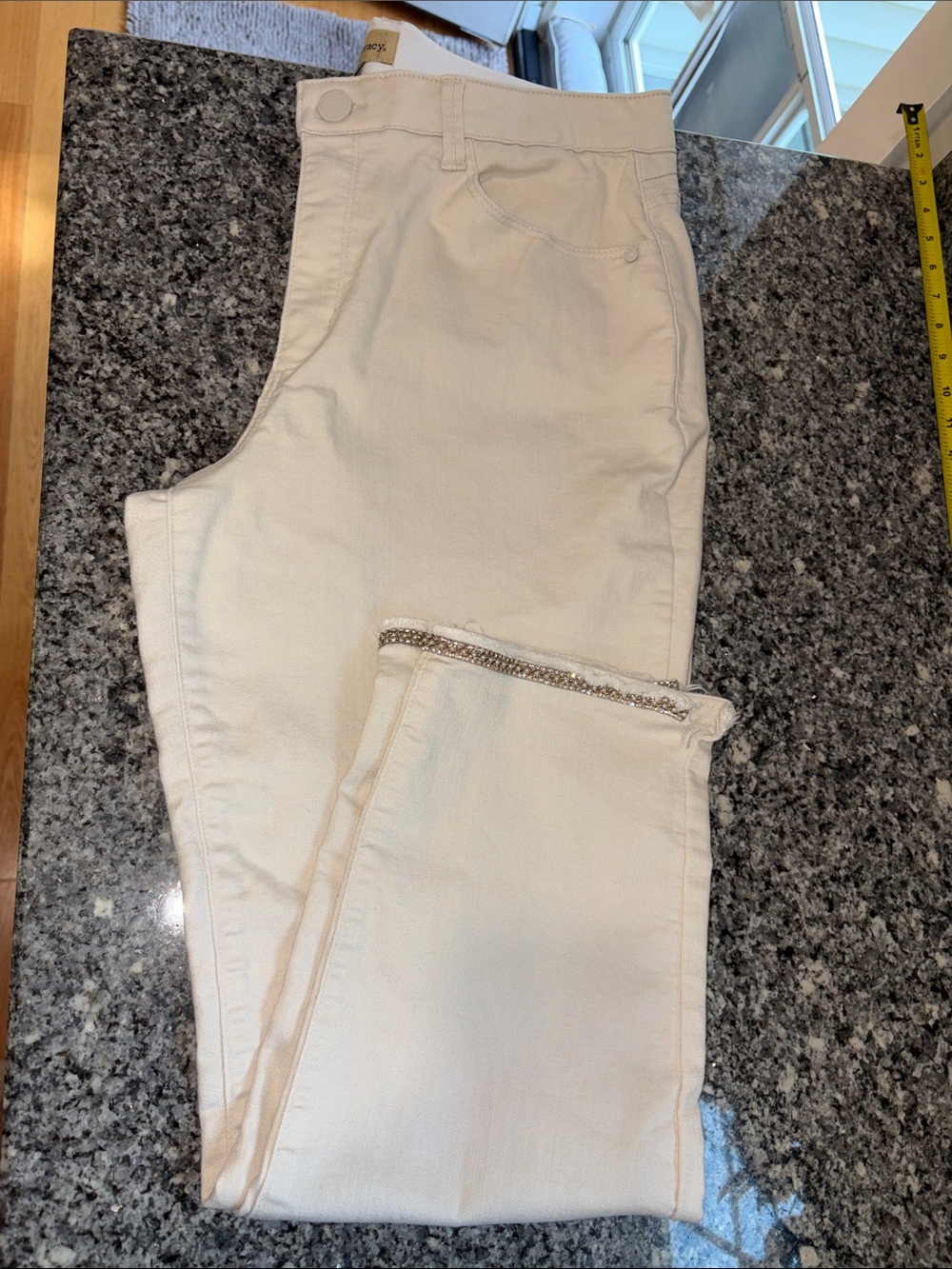 Democracy Cream Skinny Jeans with Rhinestone Hem